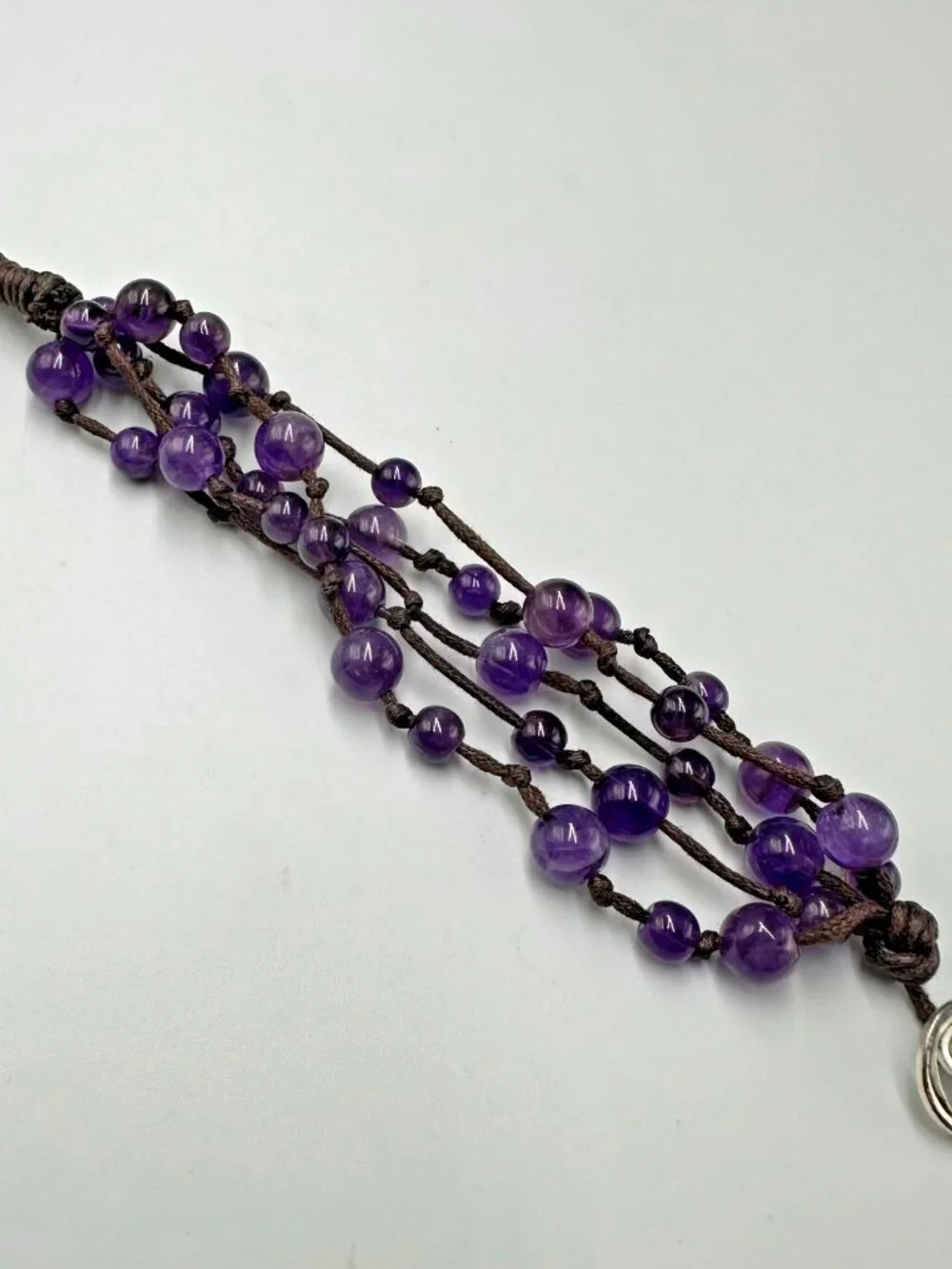 Amethyst Beaded Bracelet Sterling Silver Heart Clasp Brown Cord Bohemian 6